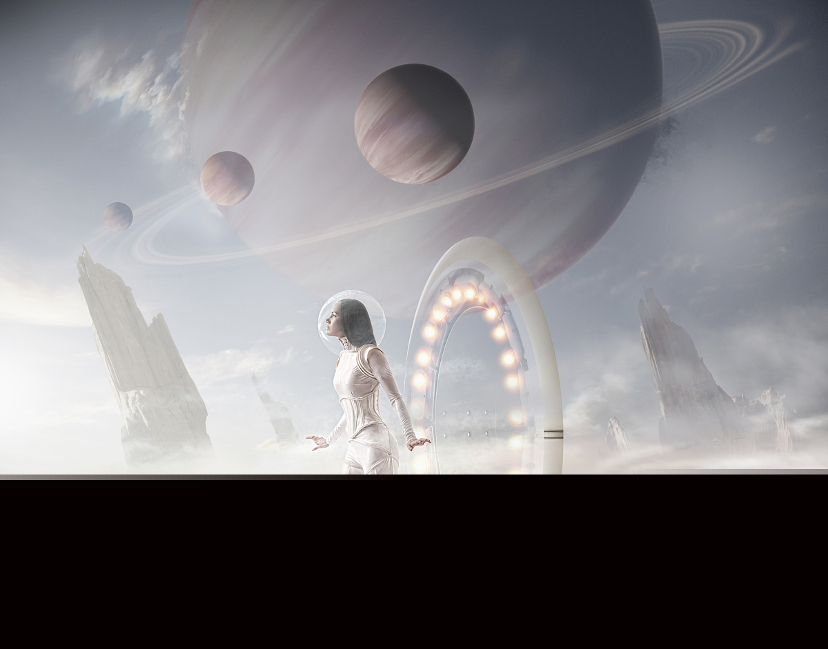 Futuristic Pacific Islander woman entering planet from wormhole