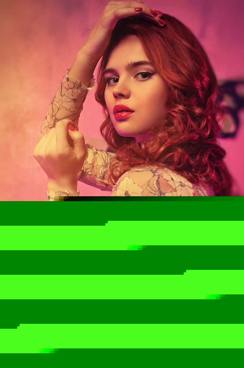 Young woman with red hair portrait. Soft pink tint.