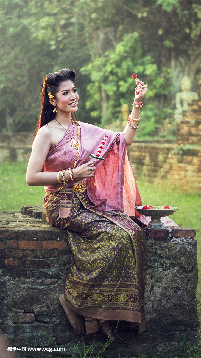 Beautiful Thai Girl in Traditional Dress Costume